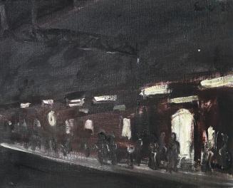 Georg Eisler, Nächtlicher Bahnhof, 1988, Öl auf Leinwand, 36 × 45 cm, Privatsammlung Bandion