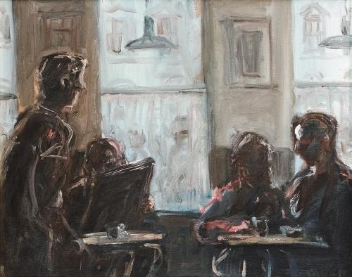 Georg Eisler, Im Café, 1989, Öl auf Leinwand, 40 × 50 cm, Privatbesitz