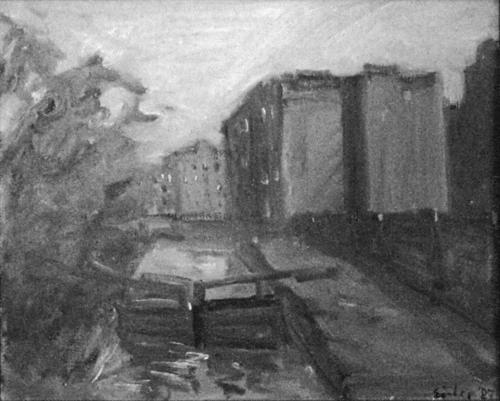 Georg Eisler, Die Schleuse, 1987, Öl auf Leinwand, 36 × 45 cm, Verbleib unbekannt