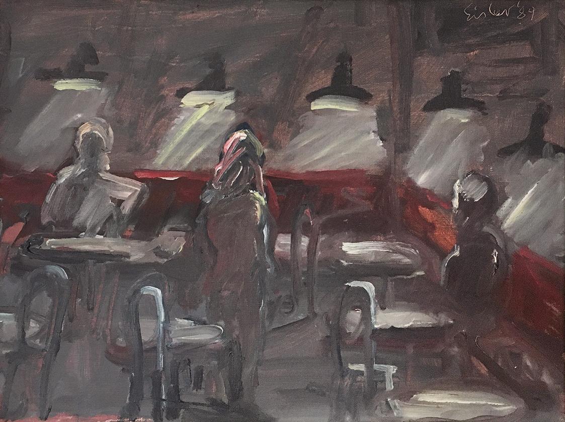Georg Eisler, Schwarzes Café, 1989, Öl auf Leinwand, 30 × 40 cm, Privatbesitz, Wien