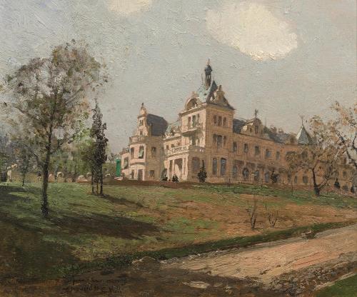 Carl Moll, Das Gartenpalais Taussig in Wien Hietzing, 1895, Öl auf Holz, 17,5 × 20,5 cm, Auktio ...