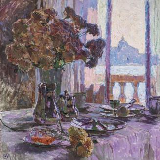 Carl Moll, Frühstückstisch in Venedig, 1926, Öl auf Leinwand, 61,5 × 60 cm, Auktionshaus Artcur ...