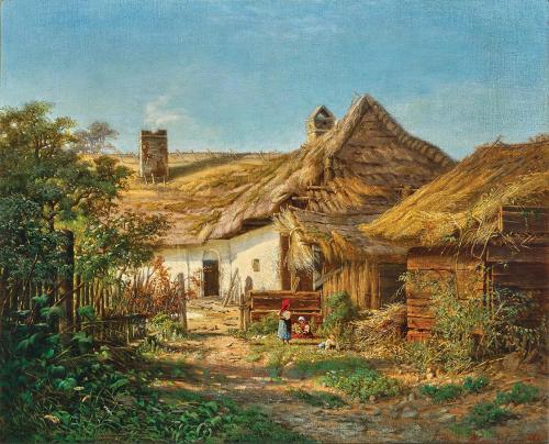 Tina Blau, Bauernhaus, 1868, Öl auf Leinwand (rentoiliert 1970), 45 × 55 cm, Privatbesitz