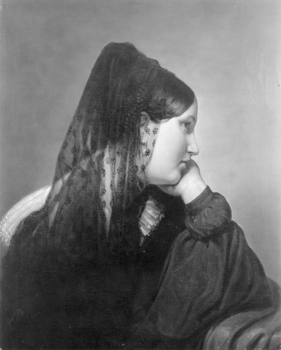 Friedrich von Amerling, Mädchen im Profil mit schwarzer Mantille, den Kopf in die linke Hand ge ...