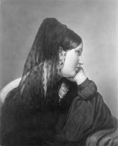 Friedrich von Amerling, Mädchen im Profil mit schwarzer Mantille, den Kopf in die linke Hand ge ...