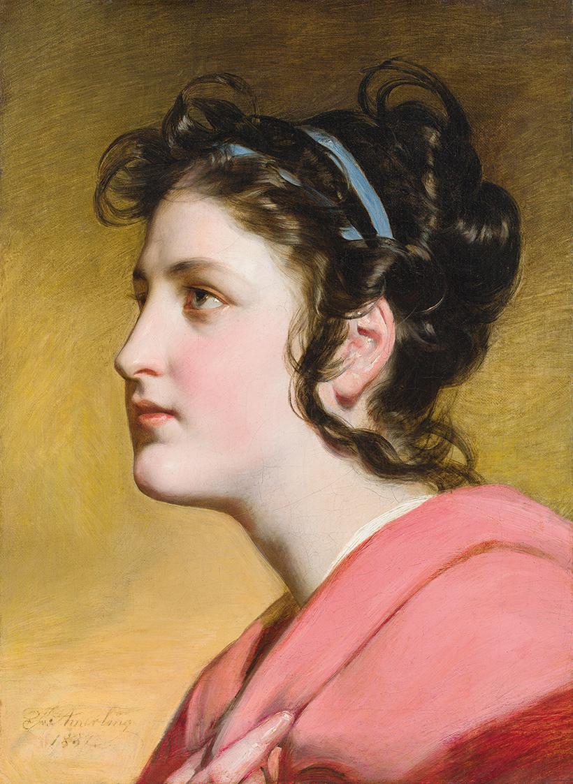 Friedrich von Amerling, Modell Elise Kreuzberger im Profil mit blauem Band und aufgelösten Haar ...