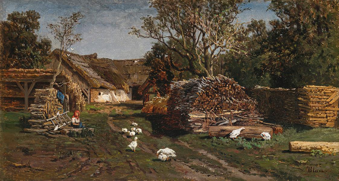 Tina Blau, Gehöft mit Federvieh, um 1872/1875, Öl auf Leinwand, 30 × 54 cm, Privatbesitz