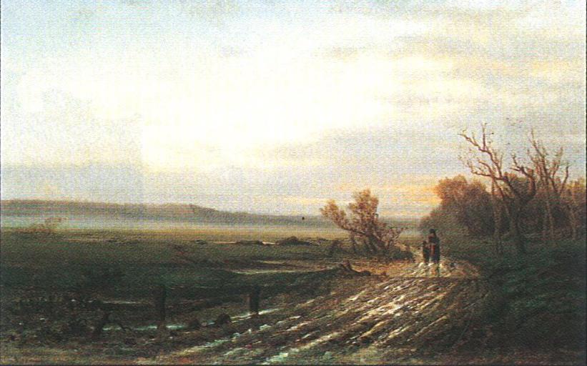 Tina Blau, Landschaft in Bayern, um 1870, Öl auf Leinwand, 45 × 72 cm, unbekannter Verbleib
