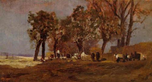 Tina Blau, Herbstnachmittag im Prater, 1872, Öl auf Leinwand auf Karton, 17 × 30,5 cm, Privatbe ...