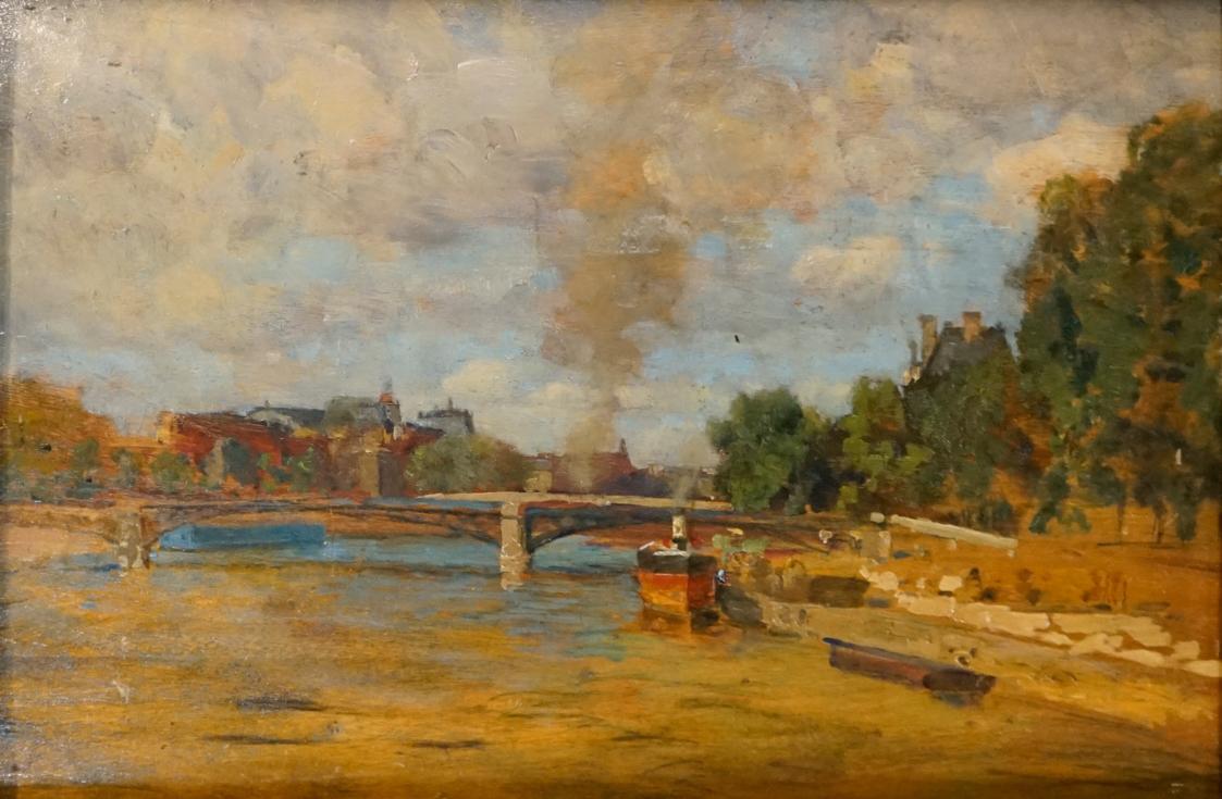 Tina Blau, Seinebrücke, 1883, Öl auf Holz, 25 × 35,5 cm, Privatbesitz, New York