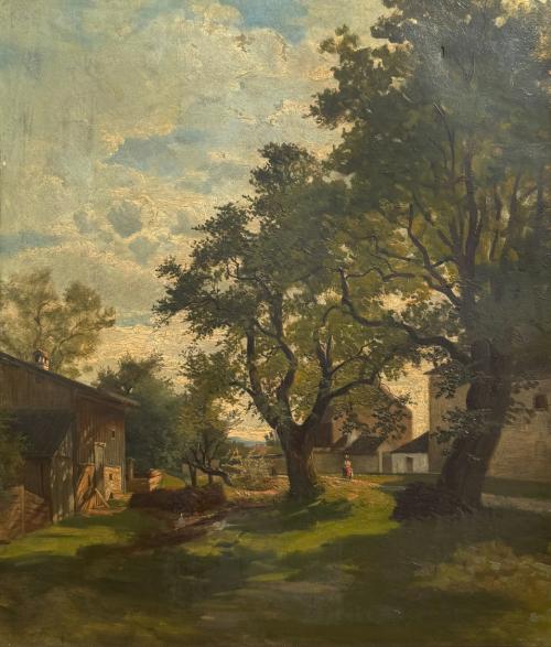Tina Blau, Dorflandschaft, um 1868, Öl auf Leinwand, 53,4 × 46 cm, Privatbesitz, New York