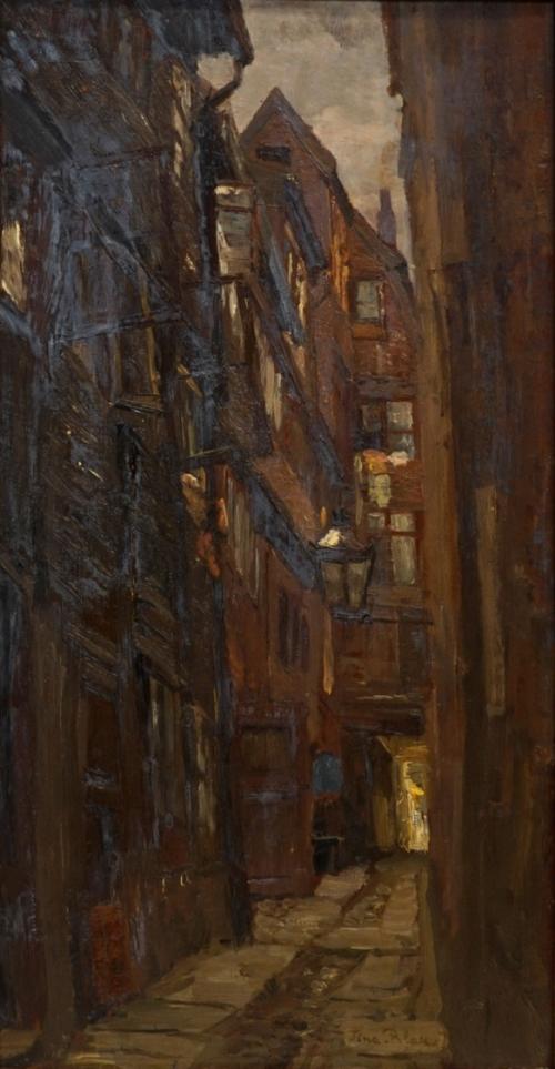Tina Blau, Alter Hof in Hamburg, 1904/1905, Öl auf Leinwand, 46 × 23,6 cm, Privatbesitz, New Yo ...