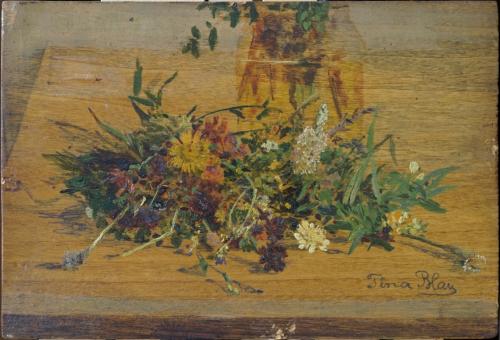 Tina Blau, Wiesenblumen, um 1880, Öl auf Holz, 13 × 19,2 cm, Privatbesitz, New York