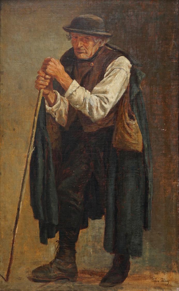 Tina Blau, Alter Mann, stehend, 1872, Öl auf Holz, 48,5 × 29,5 cm, Privatbesitz, New York