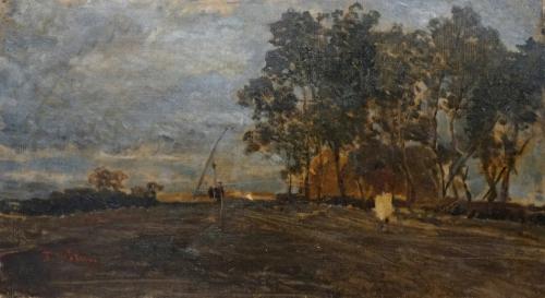 Tina Blau, Trübes Wetter. Szolnok, 1873, Öl auf Leinwand, 27,5 × 50,5 cm, Privatbesitz, New Yor ...