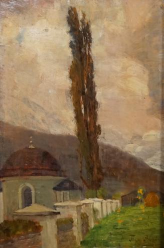 Tina Blau, Kapelle. Hofgastein, 1916, Öl auf Holz, 26,7 × 17,6 cm, Privatbesitz, New York