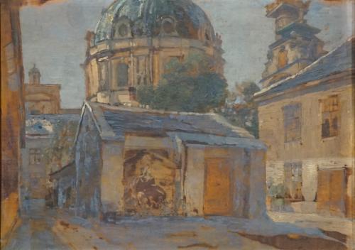 Tina Blau, Alter Hof bei der Karlskirche, um 1890, Öl auf Holz, 22,8 × 30,6 cm, Privatbesitz, N ...