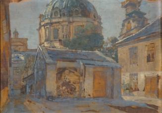 Tina Blau, Alter Hof bei der Karlskirche, um 1890, Öl auf Holz, 22,8 × 30,6 cm, Privatbesitz, N ...