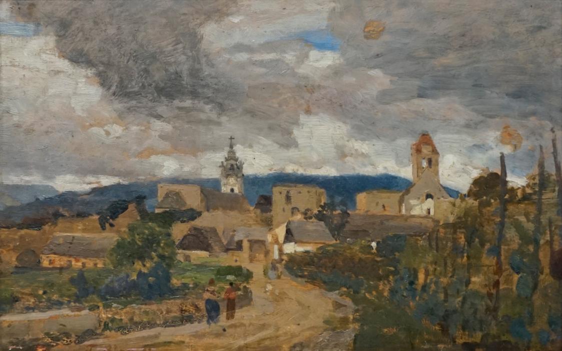 Tina Blau, Strasse nach Dürnstein, um 1897/1898, Öl auf Holz, 17,1 × 25,4 cm, Privatbesitz, New ...