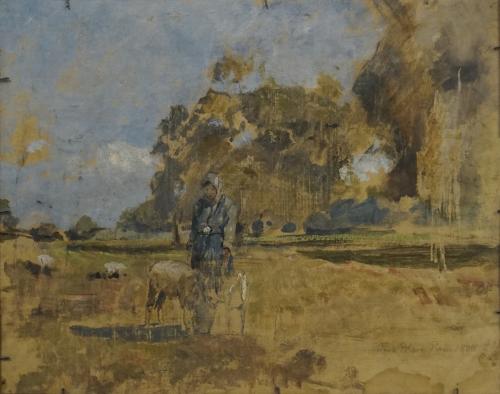 Tina Blau, Schäferin mit Schafen, 1880, Öl auf Karton, 29,7 × 36 cm, Privatbesitz, New York