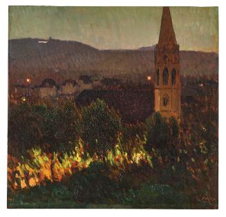 Carl Moll, Heiligenstadt. Kirche bei Nacht, um 1904, Öl auf Holz, 34,5 × 36 cm, Dorotheum, Wien…