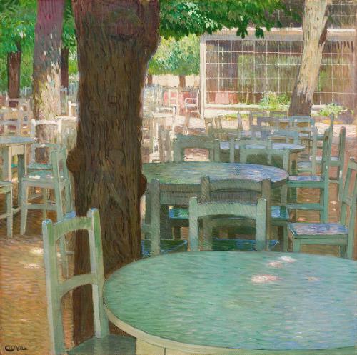 Carl Moll, Café „Hohe Warte“, 1905, Öl auf Leinwand, 80 × 80 cm, Auktionshaus Im Kinsky, Wien, …