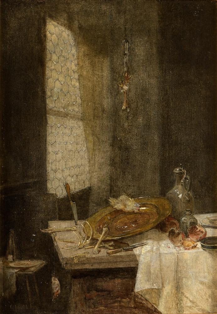 Carl Moll, Küchenstillleben, um 1890, Öl auf Holz, 33,5 × 23,5 cm, Privatbesitz, Deutschland