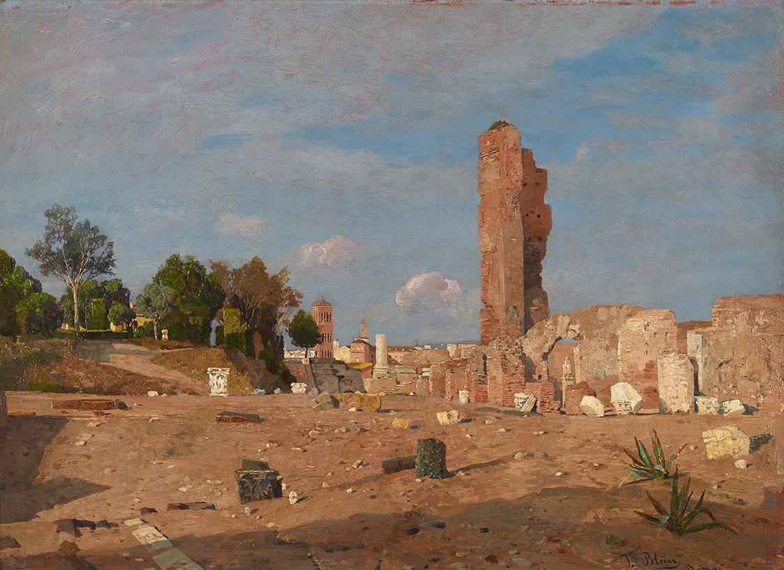 Tina Blau, Spätnachmittag am Palatin, 1886, Öl auf Holz, 33,3 × 48 cm, Belvedere, Wien, Inv.-Nr…