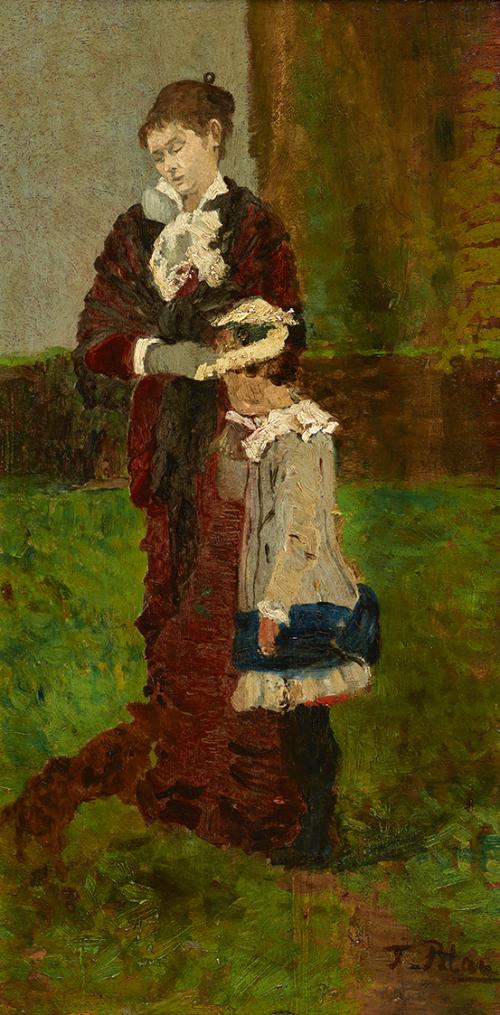 Tina Blau, Dame mit Kind, 1881, Öl auf Holz, 41,5 × 20,5 cm, Belvedere, Wien, Inv.-Nr. 5881
