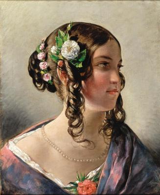 Friedrich von Amerling, Modell Elise Kreuzberger mit einem Kranz aus Rosen im Haar, 1830er–Jahr…