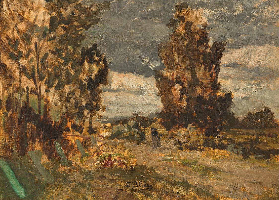 Tina Blau, Figur auf einer Landstraße, um 1890, Öl auf Leinwand, kaschiert auf Karton, 27,5 × 3…