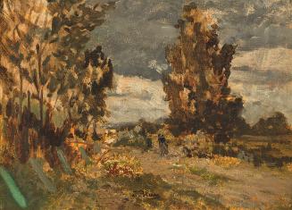 Tina Blau, Figur auf einer Landstraße, um 1890, Öl auf Leinwand, kaschiert auf Karton, 27,5 × 3…