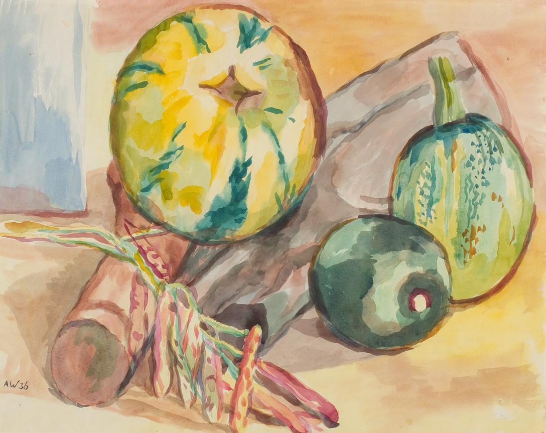 Alfred Wickenburg, Kürbisse und Bohnen, 1936, Aquarell auf Papier, Blattmaße: 46,5 x 59 cm, Lei ...