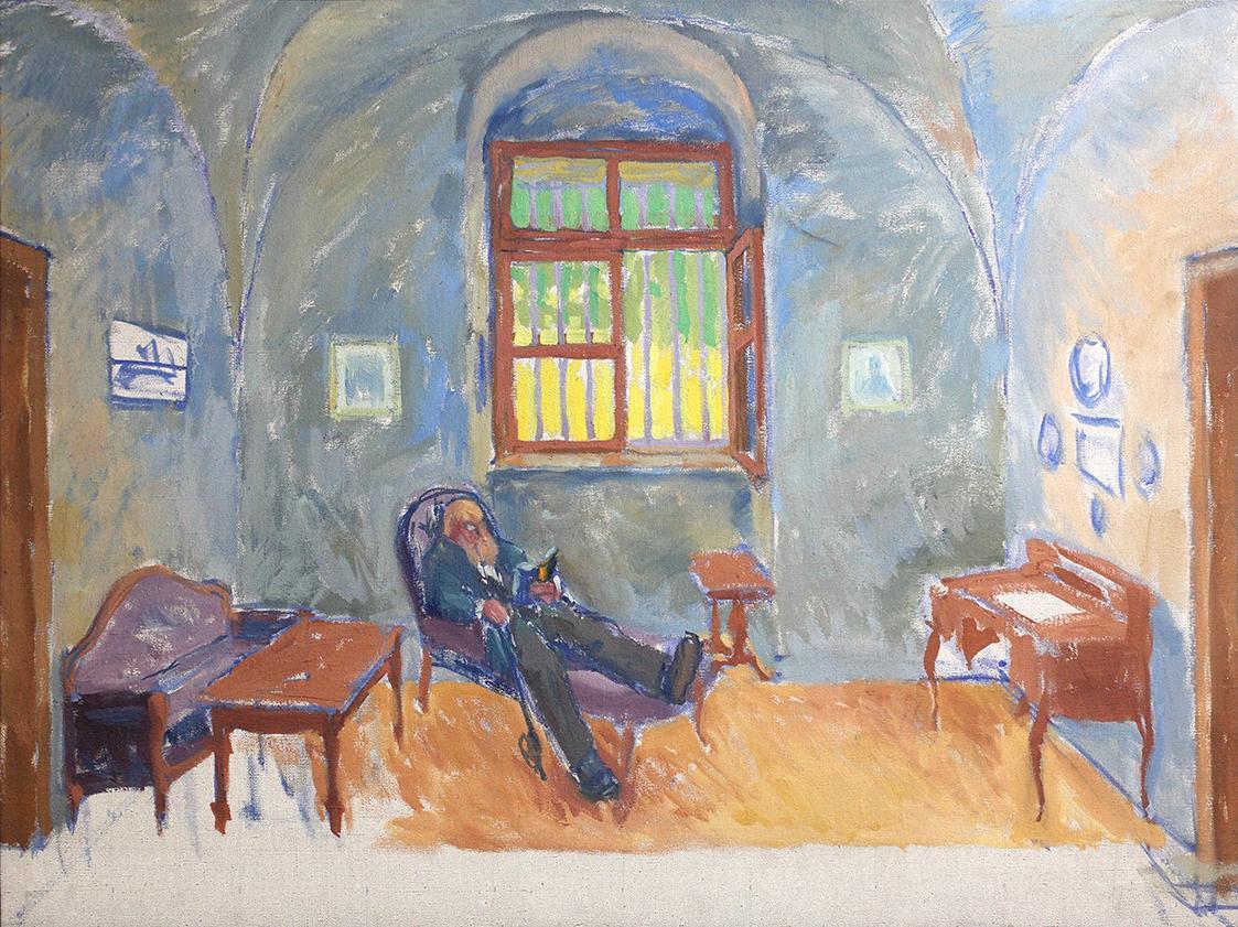 Koloman Moser, Interieurstudie mit bärtigem Mann im Lehnstuhl, um 1910, Öl auf Leinwand, 75,5 × ...