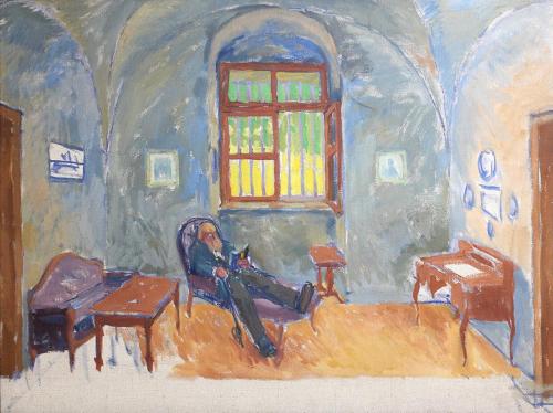 Koloman Moser, Interieurstudie mit bärtigem Mann im Lehnstuhl, um 1910, Öl auf Leinwand, 75,5 × ...