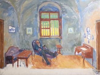 Koloman Moser, Interieurstudie mit bärtigem Mann im Lehnstuhl, um 1910, Öl auf Leinwand, 75,5 × ...