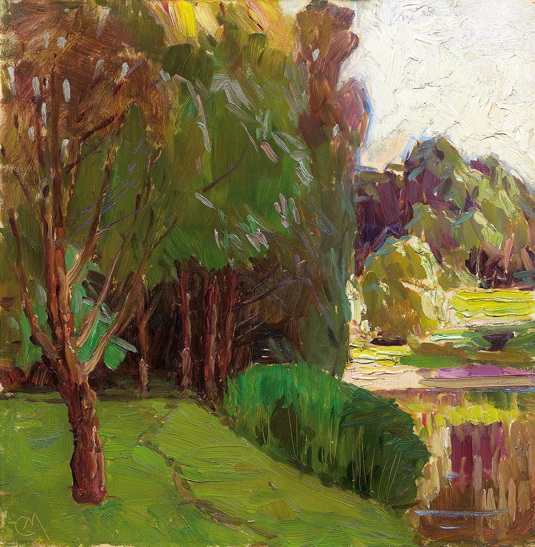 Carl Moll, Praterlandschaft, Öl auf Holz, 35 × 34,8 cm