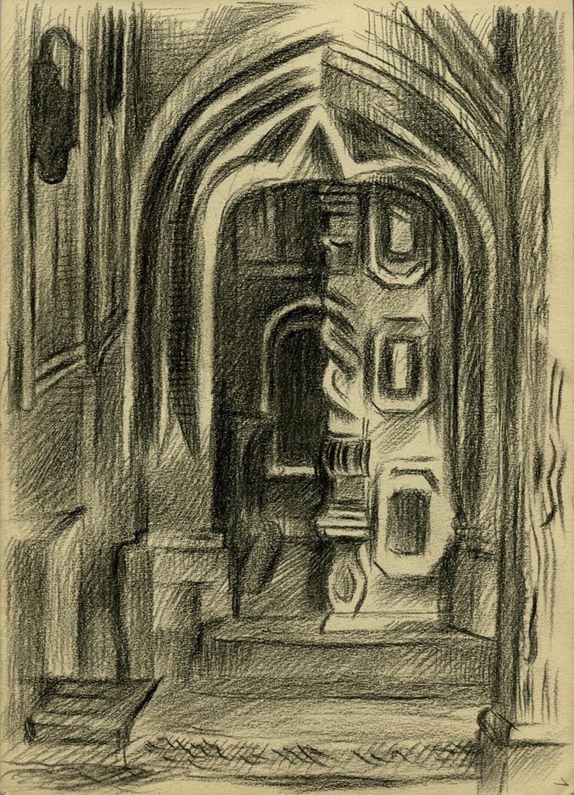 Alfred Wickenburg, Kircheninterieur, 1945/1950, Kohle auf Papier, 20,7 × 15 cm, Belvedere, Wien ...