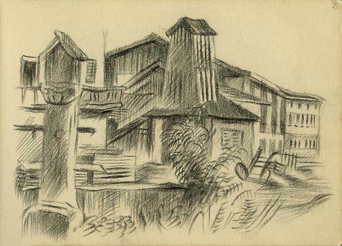 Alfred Wickenburg, Stadtansicht, 1945/1950, Kohle auf Papier, 15 × 20,7 cm, Belvedere, Wien, In ...
