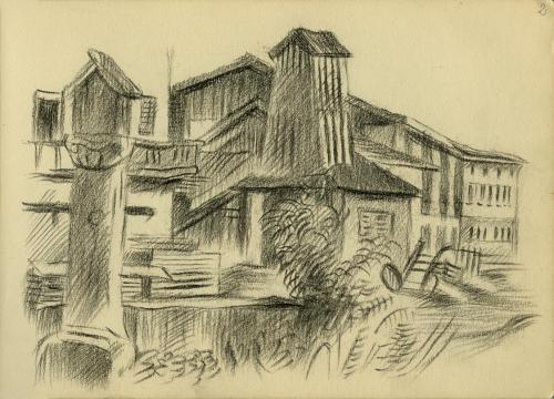 Alfred Wickenburg, Stadtansicht, 1945/1950, Kohle auf Papier, 15 × 20,7 cm, Belvedere, Wien, In ...