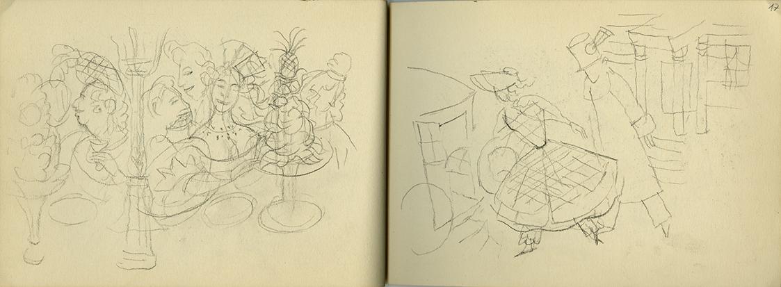 Alfred Wickenburg, Tischszene und Personenstudie, 1945/1950, Kohle auf Papier, je: 15 × 20,7 cm ...