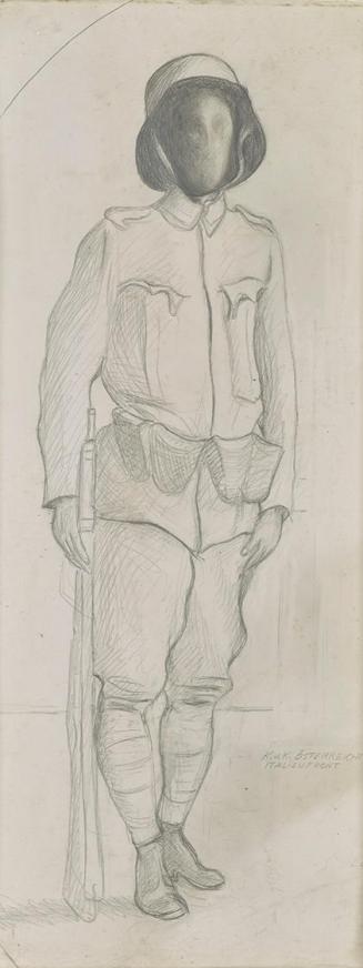 Kurt Hüpfner, K.u.K. Infanterist (Vater des Künstlers), um 1972, Bleistift auf Papier, 66 × 26, ...