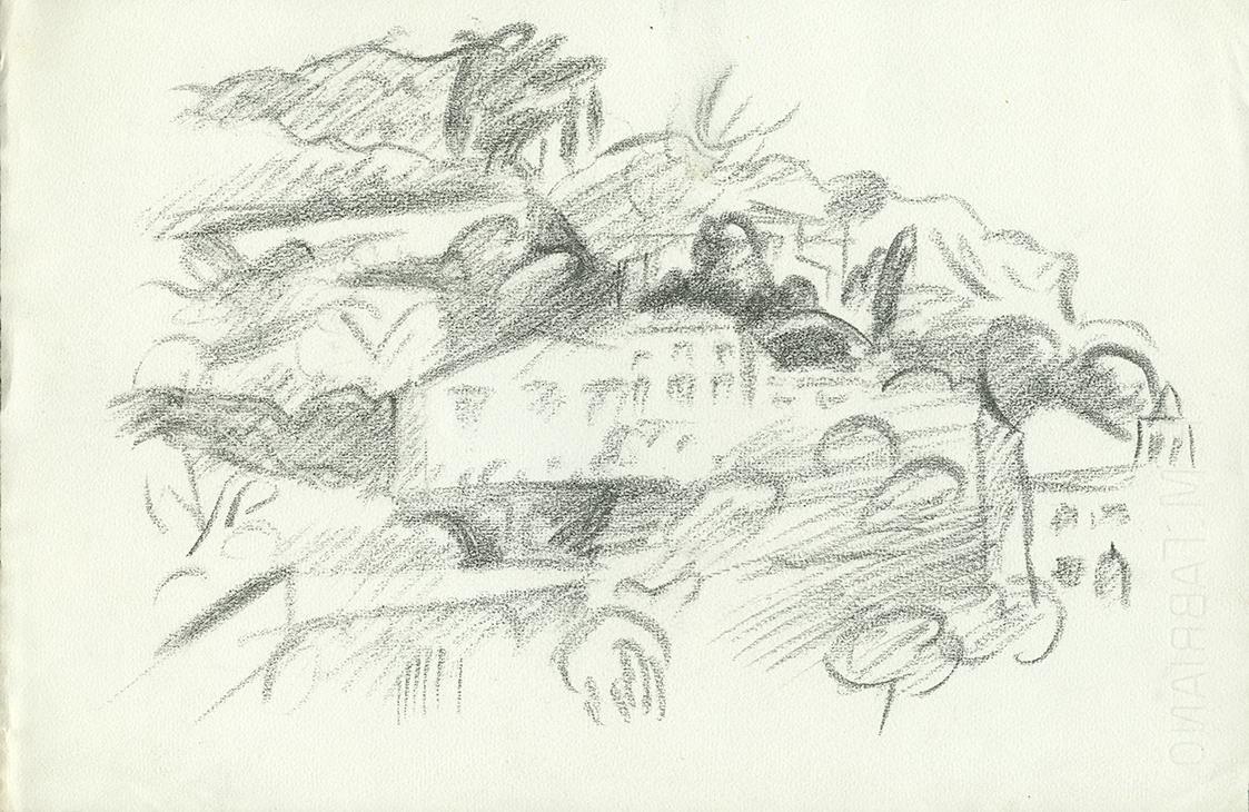 Alfred Wickenburg, Gebäude in einer Berglandschaft, 1920/1923, Graphit auf Papier, Blattmaße: 2 ...