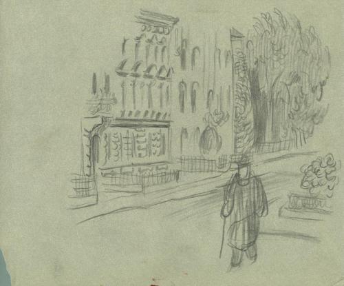 Alfred Wickenburg, Straßenszene, um 1935, Bleistift auf Papier, Blattmaße: 22,6 × 27,3 cm, Priv ...