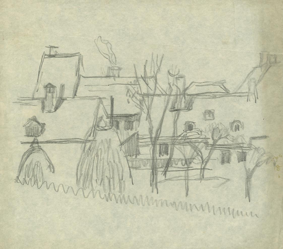 Alfred Wickenburg, Häuser, um 1935, Bleistift auf Papier, Blattmaße: 26,2 × 29,4 cm, Privatbesi ...