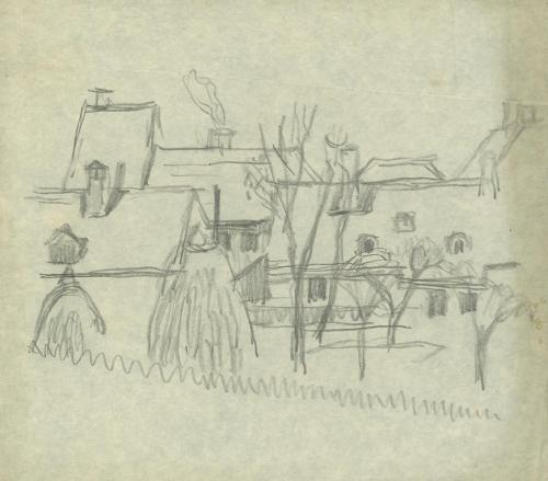 Alfred Wickenburg, Häuser, um 1935, Bleistift auf Papier, Blattmaße: 26,2 × 29,4 cm, Privatbesi ...