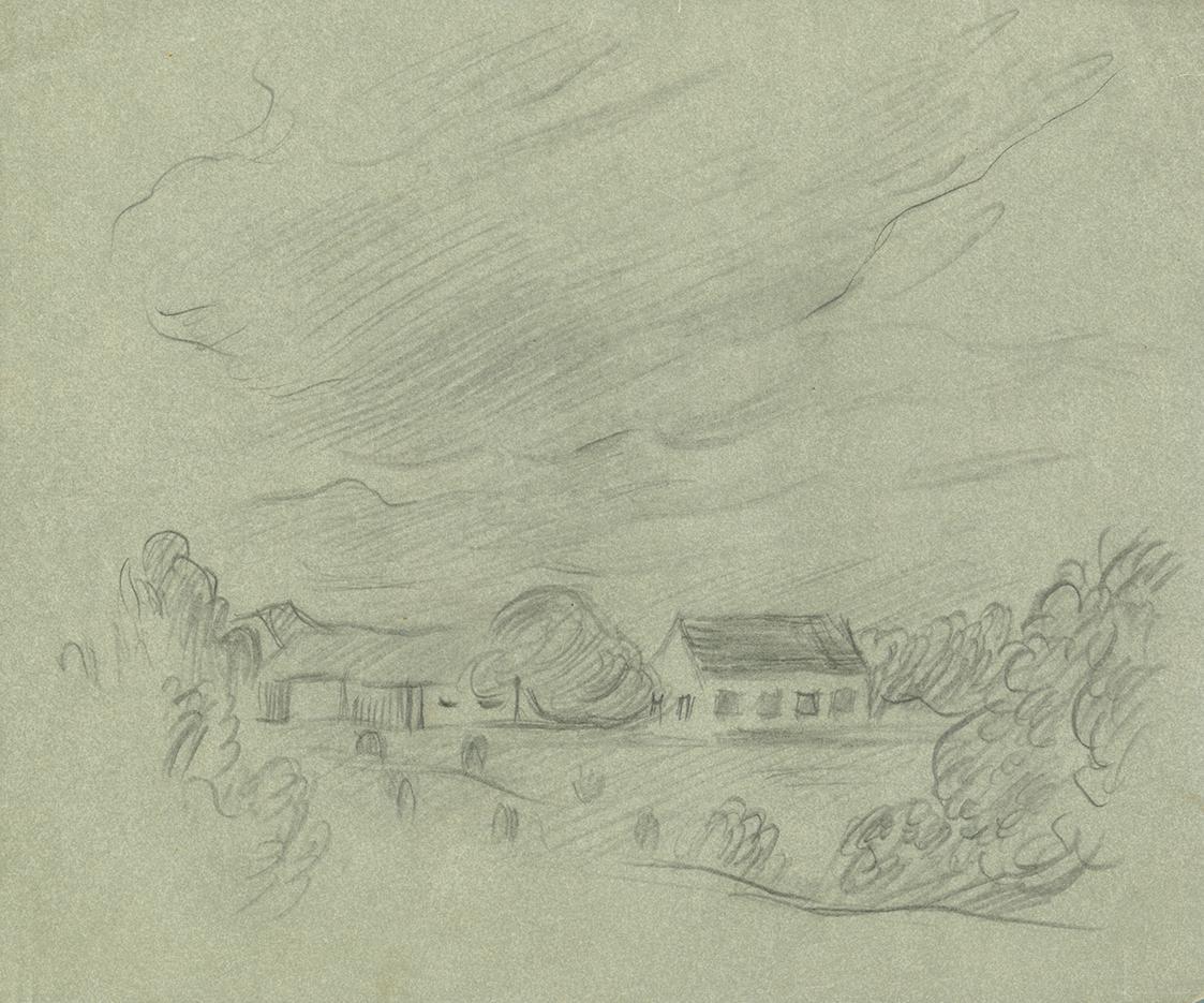 Alfred Wickenburg, Häuser in Landschaft, um 1935, Bleistift auf Papier, Blattmaße: 22,7 × 27,3  ...