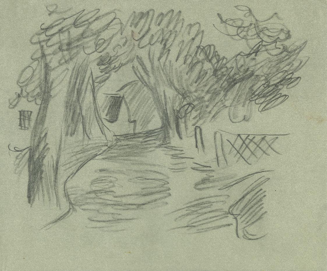 Alfred Wickenburg, Blick auf ein Haus durch eine Allee, 1930/1935, Graphit auf Papier, Blattmaß ...