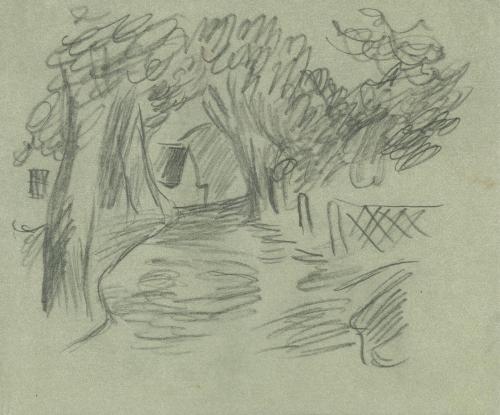 Alfred Wickenburg, Blick auf ein Haus durch eine Allee, 1930/1935, Graphit auf Papier, Blattmaß ...