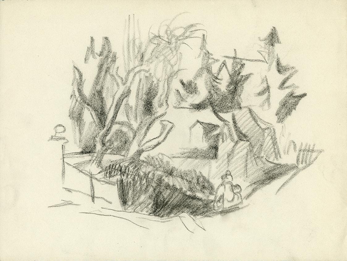 Alfred Wickenburg, Haus in Wald, um 1935, Schwarze Kreide auf Papier, Blattmaße: 31,6 × 31,7 cm ...